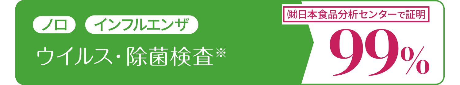 ノロ・インフル「ウイルス・除菌検査」で抑制率99％。財団法人日本食品分析センターの試験で証明されました。