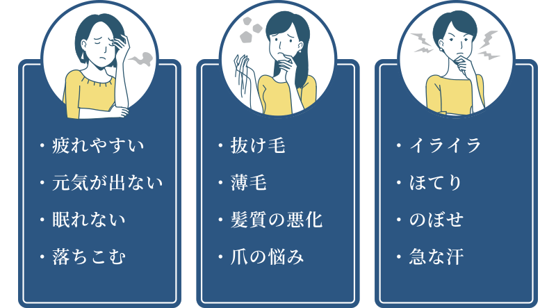 ・疲れやすい・元気が出ない・眠れない・落ちこむ・抜け毛・薄毛・髪質の悪化・爪の悩み・イライラ・ほてり・のぼせ・急な汗