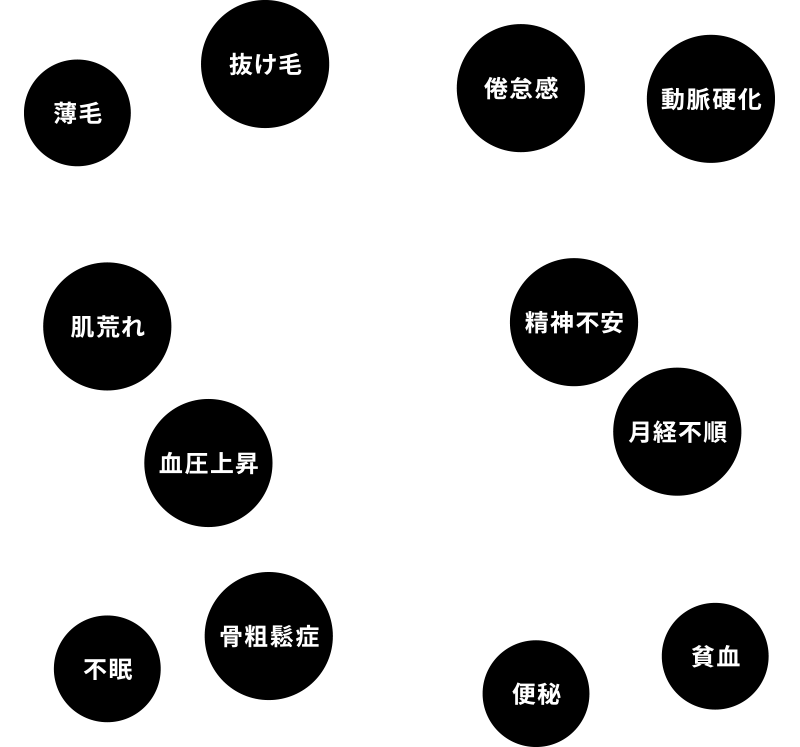 薄毛、抜け毛、肌荒れ、倦怠感、動脈硬化、精神不安、血圧上昇、不眠、骨粗鬆症、月経不順、貧血、便秘