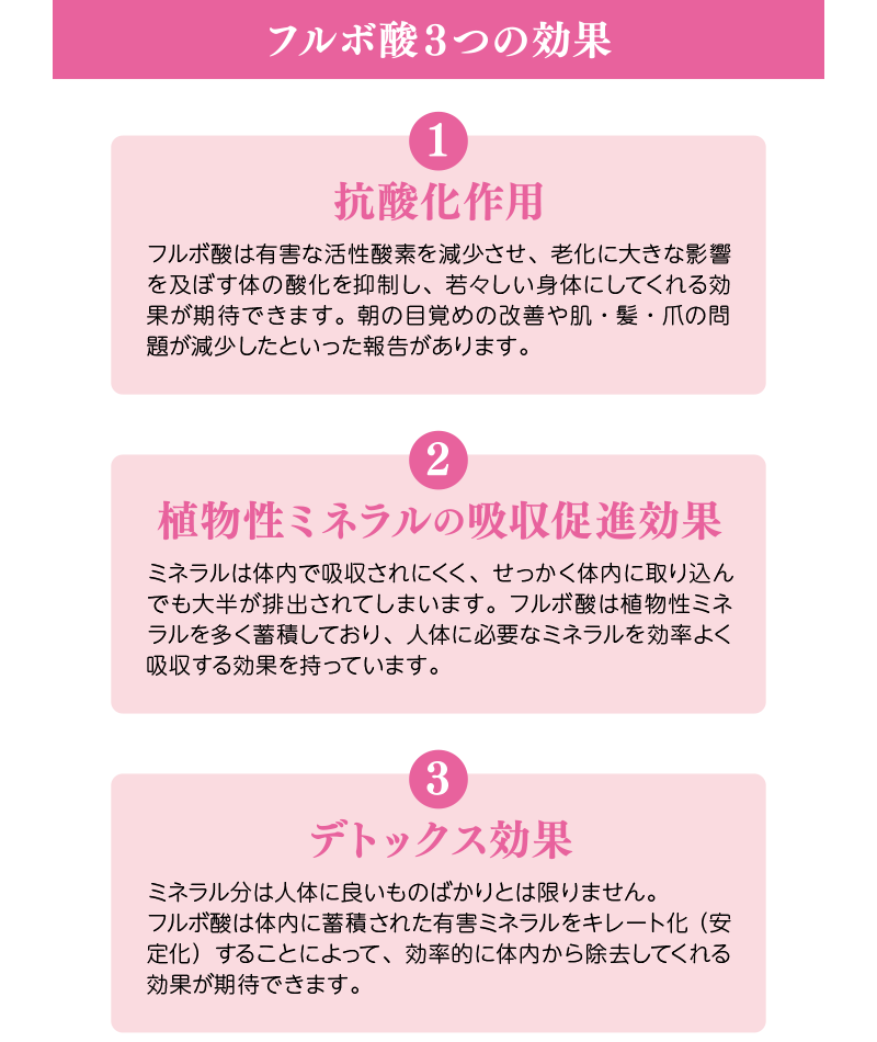 フルボ酸３つの効果：①抗酸化作用＝フルボ酸は有害な活性酸素を減少させ、老化に大きな影響を及ぼす体の酸化を抑制し、若々しい身体にしてくれる効果が期待できます。朝の目覚めの改善や肌・髪・爪の問題が減少したといった報告があります。②植物性ミネラルの吸収促進効果＝ミネラルは体内で吸収されにくく、せっかく体内に取り込んでも大半が排出されてしまいます。フルボ酸は植物性ミネラルを多く蓄積しており、人体に必要なミネラルを効率よく吸収する効果を持っています。③デトックス効果＝ミネラル分は人体に良いものばかりとは限りません。フルボ酸は体内に蓄積された有害ミネラルをキレート化（安定化）することによって、効率的に体内から除去してくれる効果が期待できます。